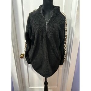 Grace + Emma Black Fleece 1/4 Zip Pullover with Leopard Accent in 2X NWT